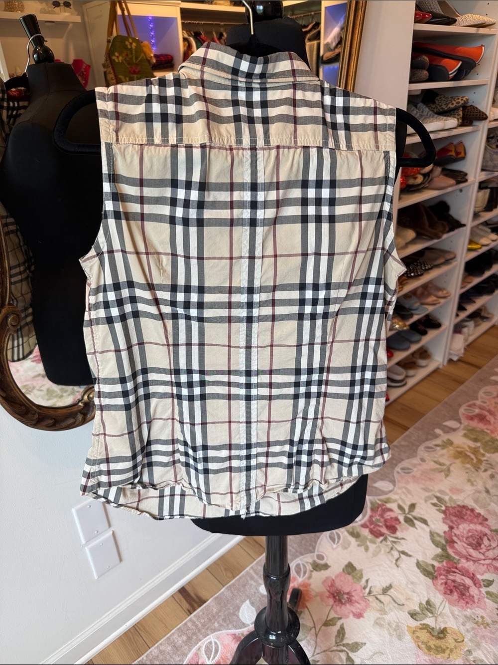 Burberry Beige Black Check Button-Down Sleeveless Shirt - Picture 3 of 5